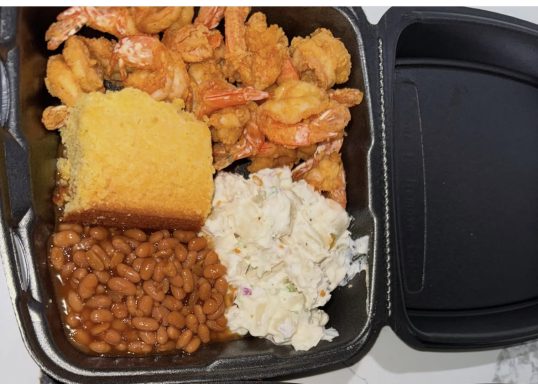 Fried shrimp meal with cornbread, baked beans and potato salad-August Pop-Up at The Bite Market